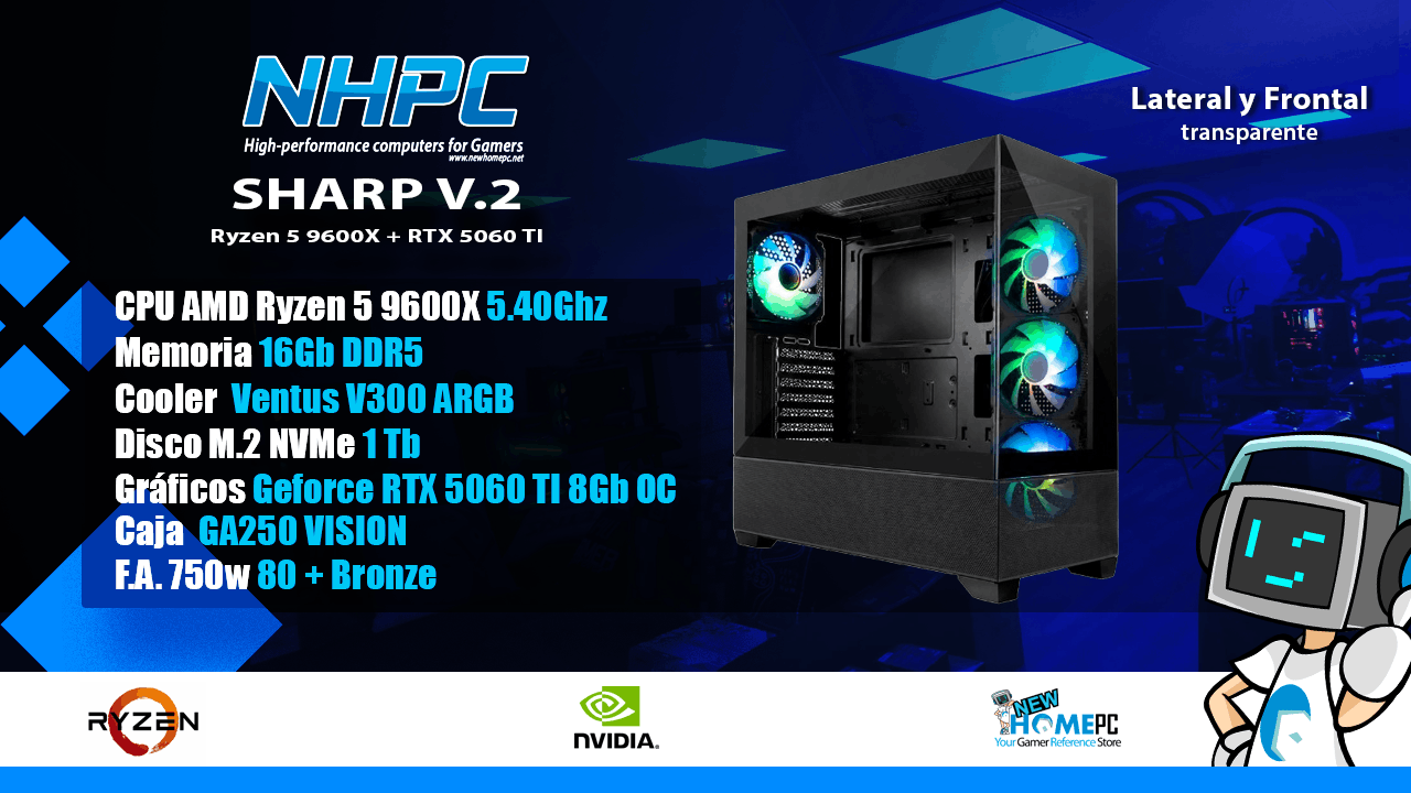 PC gaming NHPC Sharp V.2 - Ryzen 5 9600X - RTX 5060 TI - 16Gb DDR5 - M2 1TB